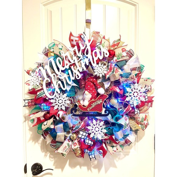 Handmade Christmas Gnome in Sleigh Holiday Ribbon Door Wreath 26 ins LED XLW3 - Picture 12 of 12